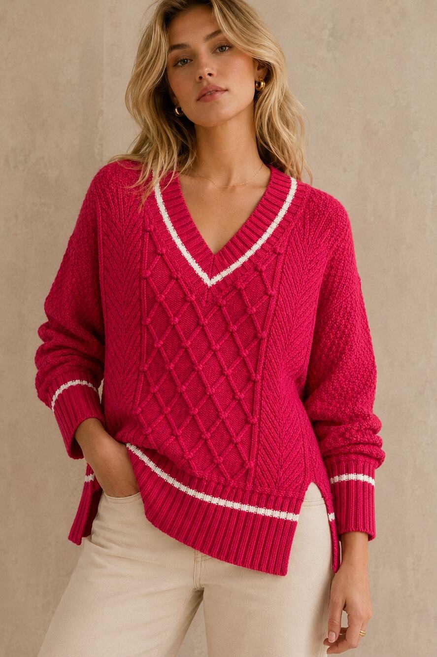 Anthropologie Maeve Tilly V-Neck Cable Knit Sweater Hot Pink Preppy Varsity Sz M
